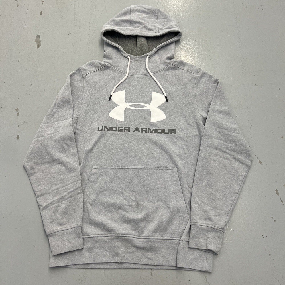 Under Armour Mens Medium Gray Graphic Logo Pullover Hoodie Loose Fit Sweatshirt